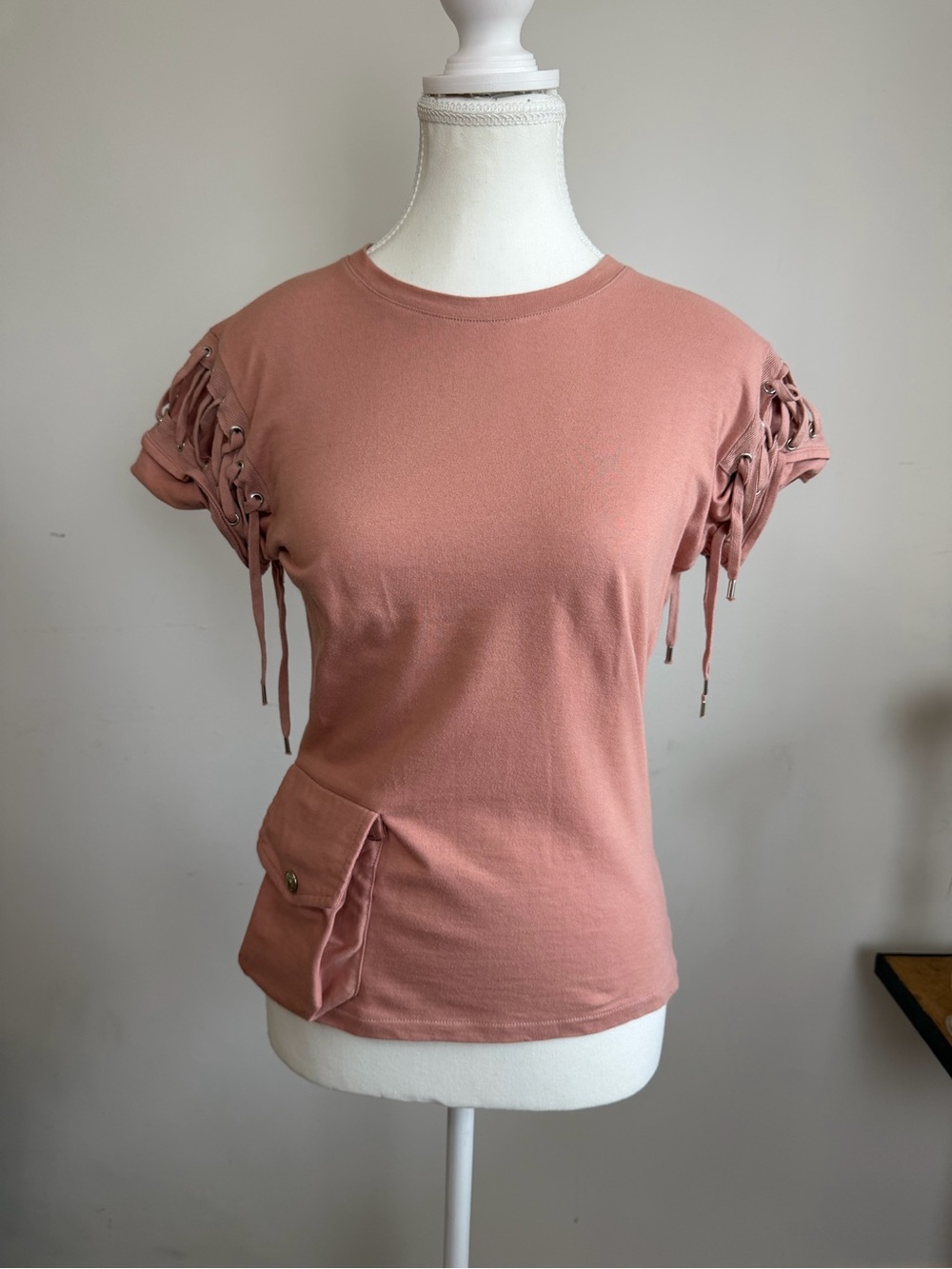 Christian Dior Boutique Galliano Pink Lace-Up Sleeve Pocket Tee Top